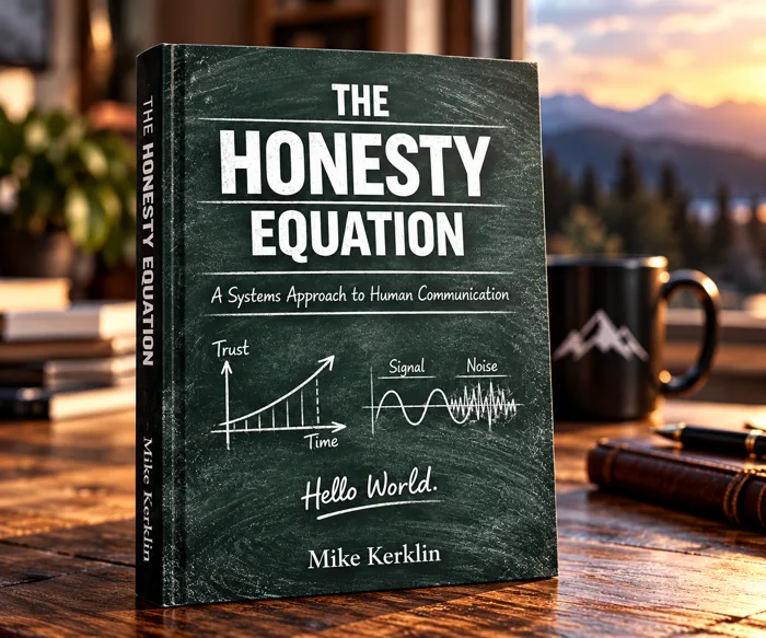 The Honesty Equation on a wooden desk at sunrise beside a camp mug